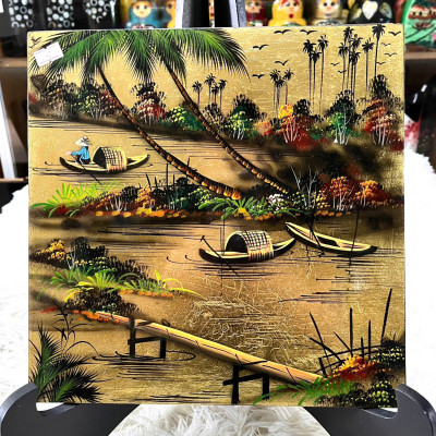 Tranh sơn mài đồng quê vẽ vàng, hàng xuất khẩu 30x30 cm