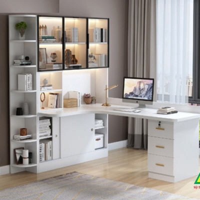 BÀN HỌC – BÀN LÀM VIỆC LIỀN KỆ GỖ MDF TỦ CÁNH KÍNH CÓ ĐÈN LED BLV402 - NỘI THẤT LẮP RÁP VIENDONGADV