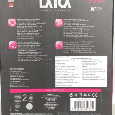 Gương Trang Điểm 2 Mặt Laica PC5004 - Có Đèn LED - Phóng Đại X5 - Hàng Chính Hãng