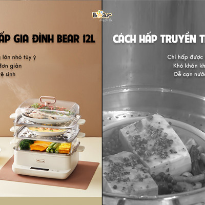 Nồi Hấp Điện Bear SB-NH12L Hấp Đa Năng 3 Tầng Chống Trào, Chống Cháy Dung Tích 12 Lít Công Suất 800 W - Hàng Chính Hãng