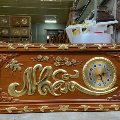Tranh đồng hồ treo tường trạm khắc chữ nhẫn bằng gỗ hương đỏ  kt 41×108×4.5cm