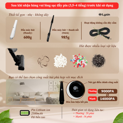 Qrachic - máy hút bụi cầm tay không dây gia đình thông mình dùng pin hai chế độ hút công nghệ hút xoáy cyclonic dùng vệ sinh nhà cửa, xe hơi đa năng không tiếng ồn máy chạy êm hàng chính hãng