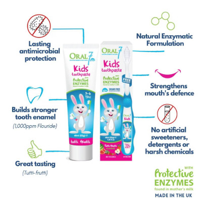 Kem đánh răng trẻ em Oral7 nuốt được, vị trái cây 40ml (cho bé từ 3-12 tuổi)