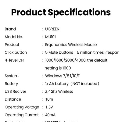 Ugreen UG15805MU101TK 4000DPI Bluetooth 6 nút điều chỉnh kiểu dáng Công thái học Màu Trắng Chuột không dây + BT Không kèm Pin AA - HÀNG CHÍNH HÃNG