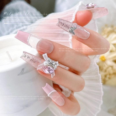 Set 6 Viên Charm Đá Khối Siêu Sáng Mix Nơ Voan Làm Nail Sang Chảnh Sheng Jia Yu, Charm Đá Viên Hình Trứng Có Nơ Đính Móng Màu Hồng Trắng Xanh Women Nữ