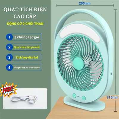 Quạt Sạc Tích Điện Có Đèn LED KM-F0336 - Quạt Tích Điện Cầm Tay Màu Xanh Để Bàn Tiện Lợi - HÀNG CHÍNH HÃNG MINIIN