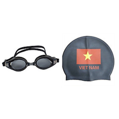 Bộ Kính Bơi VIEW V500S Chống Tia UV Chống Sương Mù Và Nón Bơi In Hoạ Tiết Lá Cờ (Đen) - Hàng Chính Hãng
