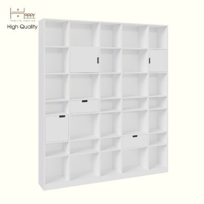 HAPPY FURNITURE , ALVA - Kệ sách 3 cửa mở 2 ngăn kéo, KSA_072 , 180cm x 28cm x 210cm DxRxC