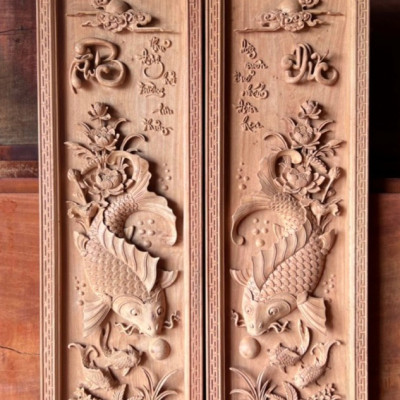Cặp tranh điêu khắc lý ngư vọng nguyệt bằng gỗ hương đá kt42×127×5cm 