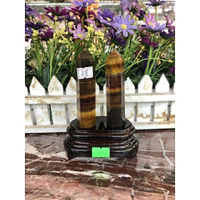 Trụ đôi đá phong thủy trấn trạch đá Fluorite vàng trổ bông tím