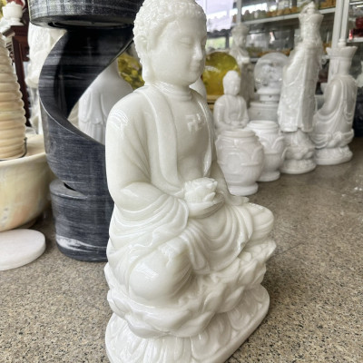Tượng Phật Adida, phật tổ như lai ngồi đài sen đá cẩm thạch trắng - Cao 50cm