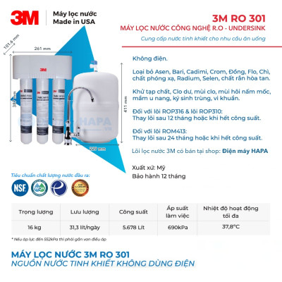 Máy Lọc Nước 3M RO301 Công Nghệ RO Cao Cấp Không Dùng Điện - Hàng Chính Hãng 3M, Nhập Khẩu Mỹ