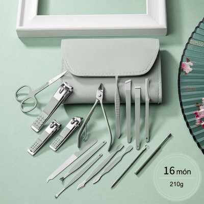 Bộ dụng cụ làm móng tay chân 16 món cao cấp đi kèm bao da tiện dụng inox - Hàng chính hãng