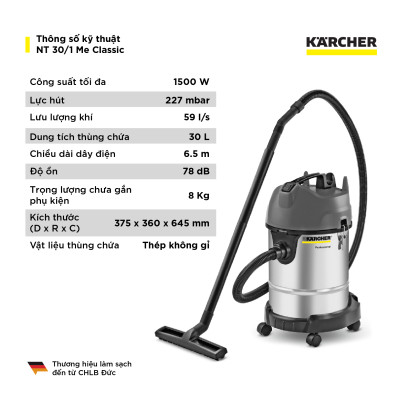 Máy hút bụi khô và ướt công nghiệp Karcher NT 30/1 Classic - Hàng chính hãng
