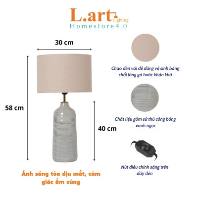 Đèn ngủ để bàn trang trí phòng khách gốm sứ màu xanh ngọc vân cổ điển cao 58 cm DS-TL9866