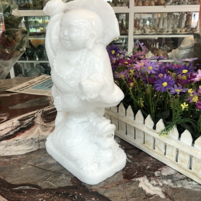 Tượng Phật Di Lặc cưỡi Long Quy phong thủy đá cẩm thạch trắng - Cao 30 cm