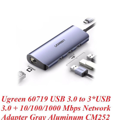 Ugreen 60719 hub USB 3.0 ra 3*USB 3.0 + 10/100/1000 gigabit lan màu xám chất liệu nhôm cổng nguồn micro Ugreen CM252 - Hàng Chính Hãng