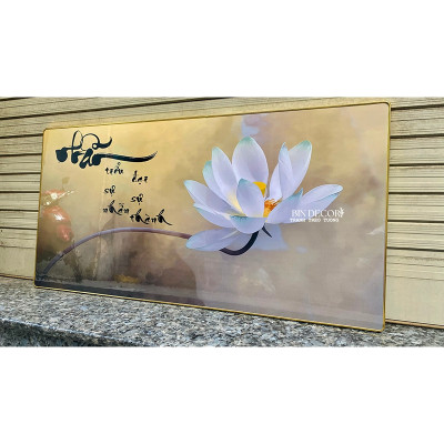 (ẢNH THẬT) Tranh treo tường tráng gương chữ nhẫn và hoa sen trắng kèm đinh treo