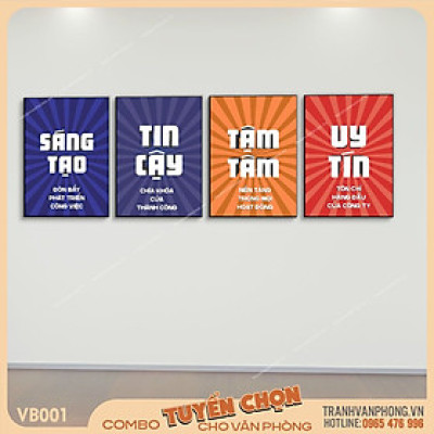 Bộ 4 tranh động lực trang trí văn phòng - Sáng Tạo, Tin Cậy - Tận Tâm - Uy Tín - VB001
