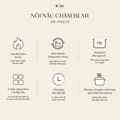 Nồi Nấu Cháo, Nấu Chậm 1.5L Bear SB-NNC15 (120W) - Hàng chính hãng