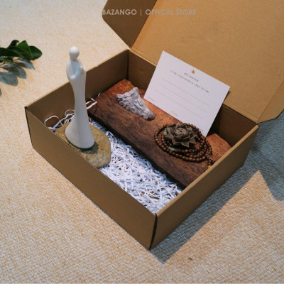 Tượng Phật bạch gốm - Khay gỗ và núi trang trí - hoa sen đốt trầm tặng kèm chuỗi hạt - Bazango - Trang Trí Nhà Decor Decor Phòng