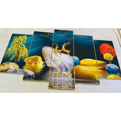 (ẢNH THẬT) Tranh treo tường hươu vàng trên đá cuội bộ 5 tấm bo viền kèm đinh treo