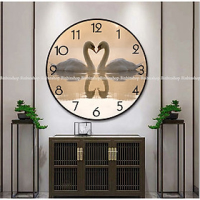 (CÓ ẢNH THẬT) Tranh đồng hồ tròn tráng gương đôi thiên nga kèm pin và đinh