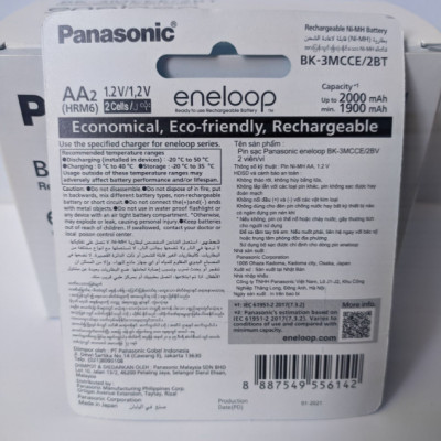 Vỉ 2 viên pin sạc AA Panasonic Eneloop BK-3MCCE/2NT - Hàng chính hãng