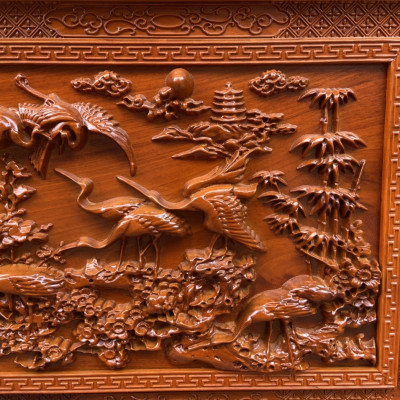 Tranh gỗ treo tường trạm khắc tích cửu hạc du xuân bằng gỗ gõ đỏ kt 67×127×4cm