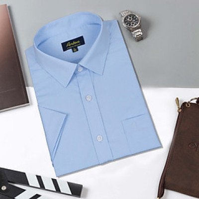 Áo Sơ Mi Nam Công Sở Trung Niên Anton Somianton Xanh Trơn Ngắn Tay Vải Cotton - XSN14