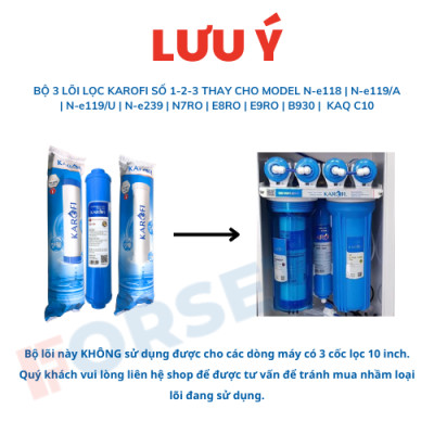 Bộ 3 lõi lọc nước 123 hàng chính hãng Karofi với lõi số 2 OCB nhỏ cắm nhanh, dùng cho các dòng máy N-e. 