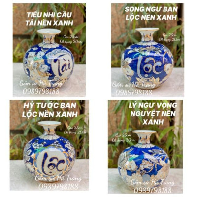 Bình hút tài lộc gốm sứ Bát Tràng cao cấp vẽ vàng 24k các hoạ tiết trên nền xanh cao 25cm