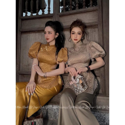 Bộ Đi Lễ Chùa Nữ - Đồ Lam Đi Chùa Lụa Gấm Nổi Cao Cấp Hồng Kông Tay Phồng - AL028