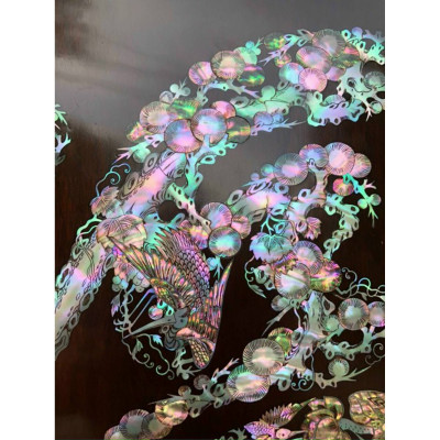 Tranh treo tường gỗ gụ khảm ốc xà cừ chữ bách phúc kt 81×81×4cm 