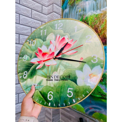 (ẢNH THẬT) Tranh treo tường đồng hồ tráng gương hoa sen hồng có đinh treo