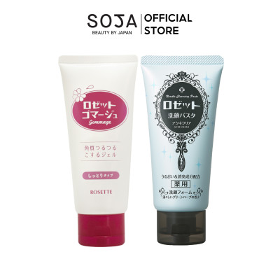 Combo làm giảm mụn dành cho da khô  Rosette Gommage Moist + Rosette Face Wash Pasta Acne Clear