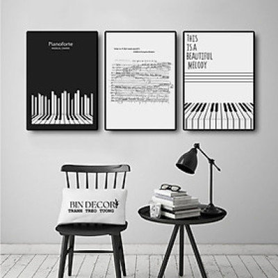 (ẢNH THẬT) Tranh treo tường âm nhạc 30 bộ 3 tấm trắng đen có khung kèm đinh