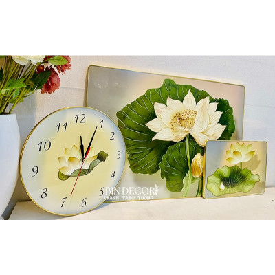(CÓ ẢNH THẬT) Tranh đồng hồ hoa sen 4 bộ 3 tấm trang trí decor phòng bo viền kèm đinh treo