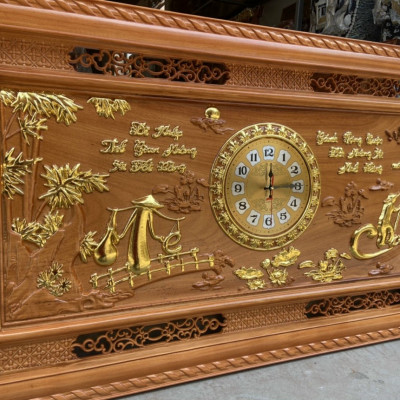 Tranh đồng hồ treo tường trạm khắc chữ cha mẹ bằng gỗ gõ kt 67×127×4cm 