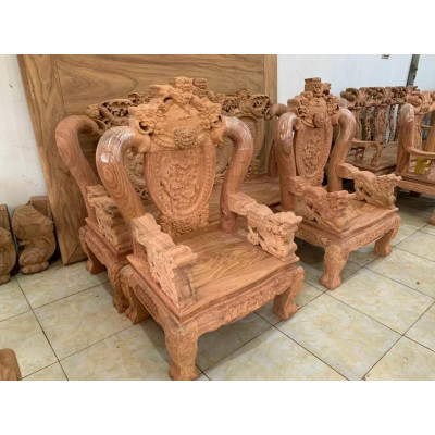 Bộ bàn ghế phòng khách nghê phượng gỗ hương đá tay 12 tựa liền
