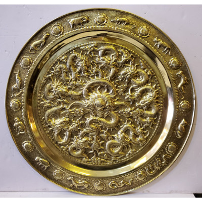 Tranh mâm đồng vàng nguyên chất – Cửu Long Chầu Nguyệt – A222