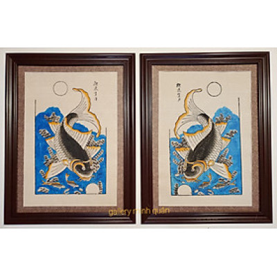 Tranh dân gian đông hồ " lý ngư vọng nguyệt " Cặp cá chép