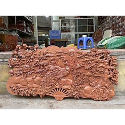 Tranh cánh quạt treo tường trạm khắc phu thê viên mãn  bằng gỗ hương đá liền khối kt 60×120×3.5cm 