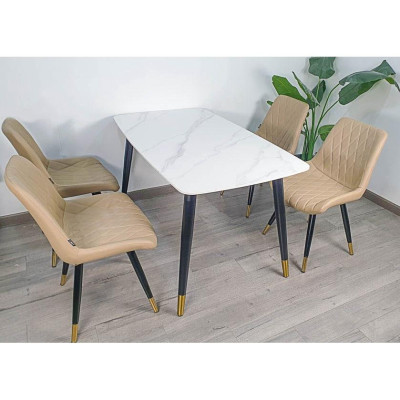 Bộ bàn ăn chân trụ 1m4 + 4 ghế Loft trám mặt bàn đá ceramic  Thương hiệu Nội Thất Bình Long 