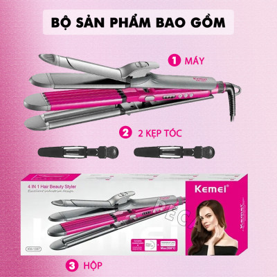 Máy làm tóc đa năng 4in1 Kemei KM-1397 điều chỉnh 4 mức nhiệt có thể duỗi tóc, uốn tóc, bấm xù chân tóc, uốn sóng hippie - Hàng chính hãng