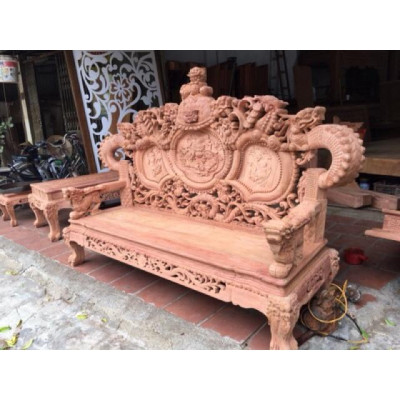 Bộ bàn ghế rồng đỉnh gỗ hương đá tay 12