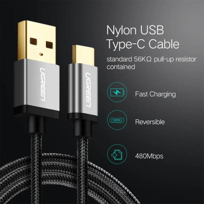 Ugreen UG30879US174TK 0.5M 3A Màu Đen Cáp USB TypeC sang USB 2.0 Hỗ trợ sạc nhanh dây bên Nylon - HÀNG CHÍNH HÃNG