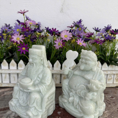 Bộ tượng thờ hai ông Tài Địa Thần Tài Thổ Địa đá cẩm thạch trắng xanh - Cao 15 cm