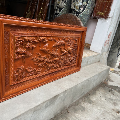 Tranh gỗ treo tường trạm khắc tích cửu hạc du xuân bằng gỗ gõ đỏ kt 67×127×4cm