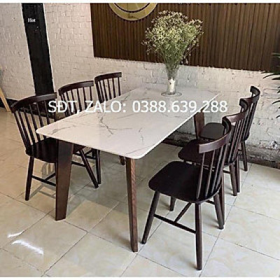 Bộ bàn ăn song tiện mặt đá màu nâu 1m6 + 6 ghế song tiện  Thương hiệu Nội Thất Bình Long 